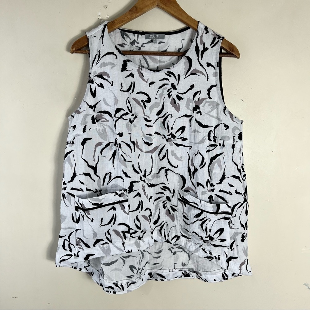 Habitat Linen Blend Black and White Sleeveless Top Size Medium Lagenlook Flowy